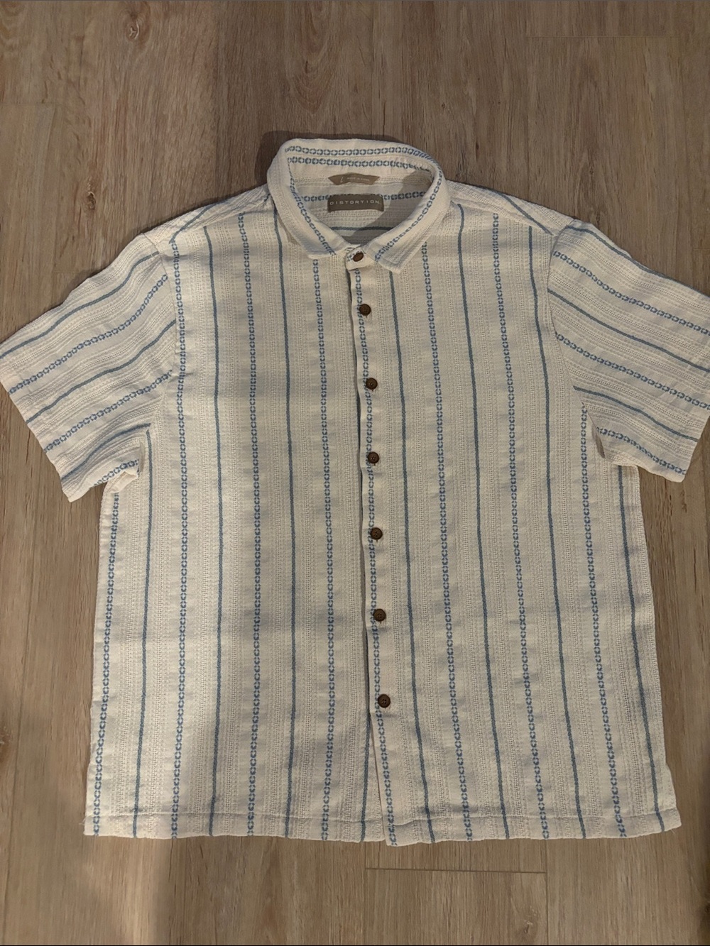 Men's Short Sleeve Button-Down Shirt - White with Light Blue Stripes